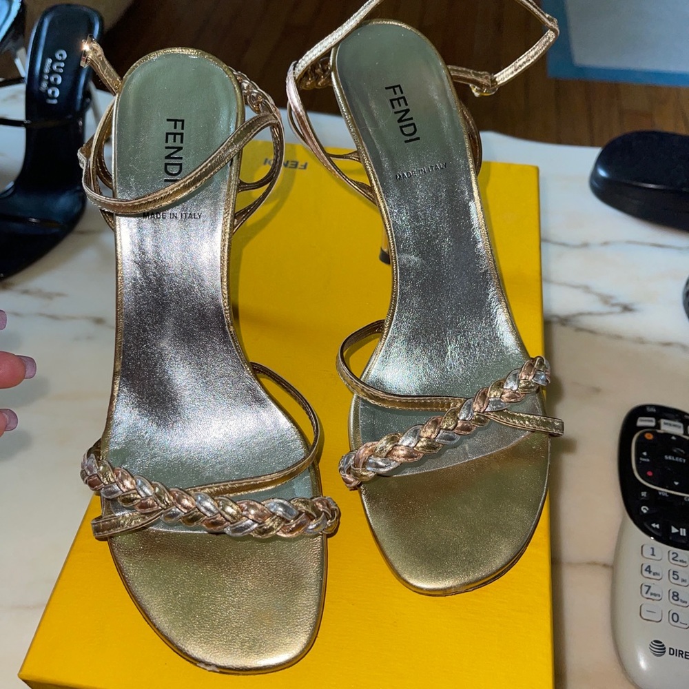 FENDI Strappy Heels Sandals Shoes Size 37 1/2 braided Straps vero cuoio.